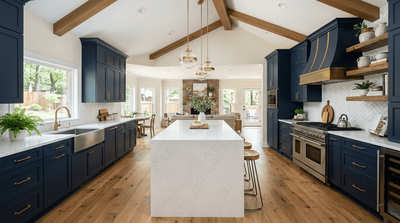 Modern kitchen remodel in Rogers AR with custom cabinetry and quartz countertops